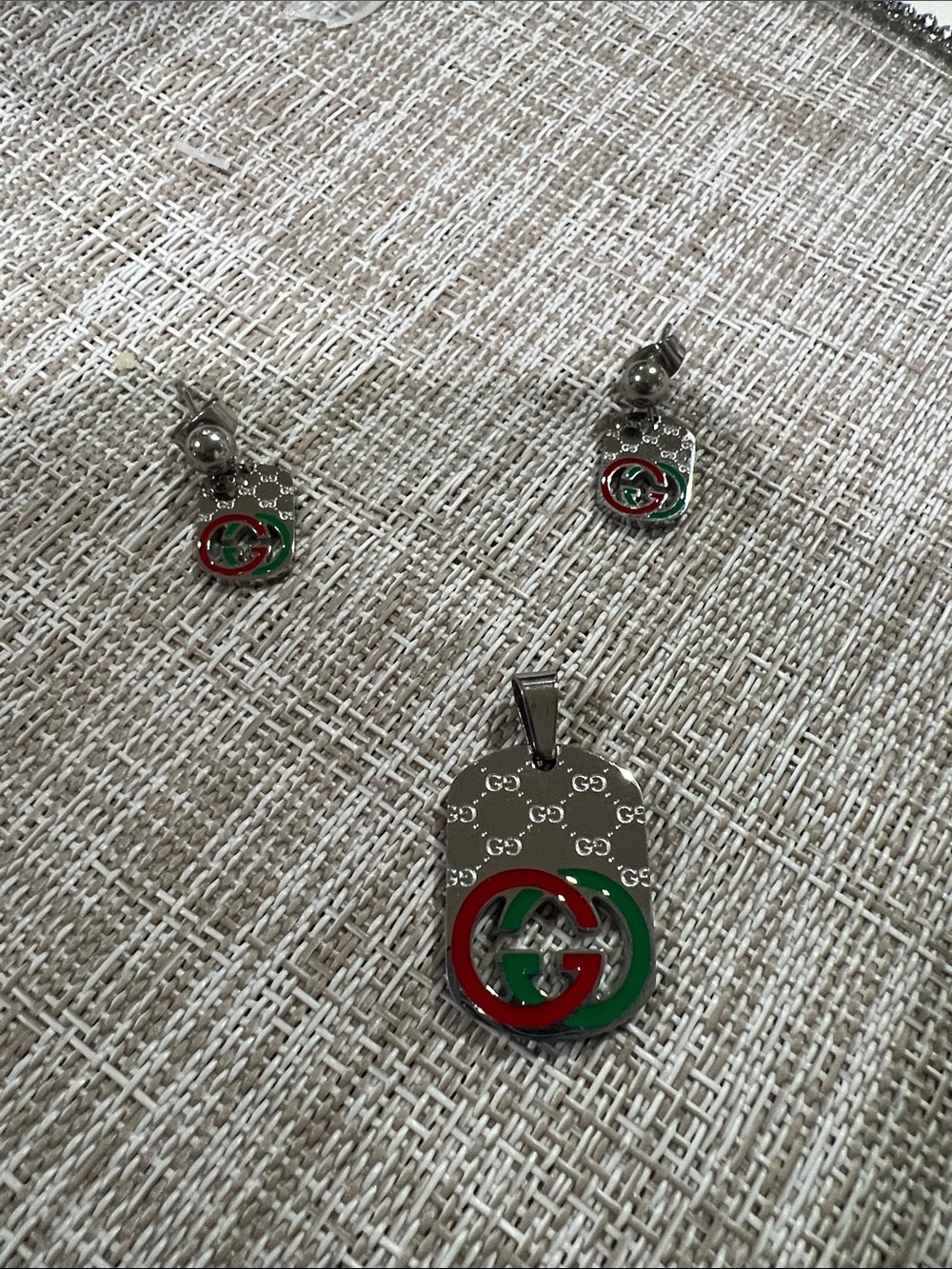 Silver charm and Earring Set with Red and Green Accents